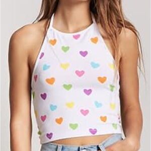 Rainbow Heart Halter Neck Crop Top Shirt MultiColor Y2K Vintage Chic Girly - OBO